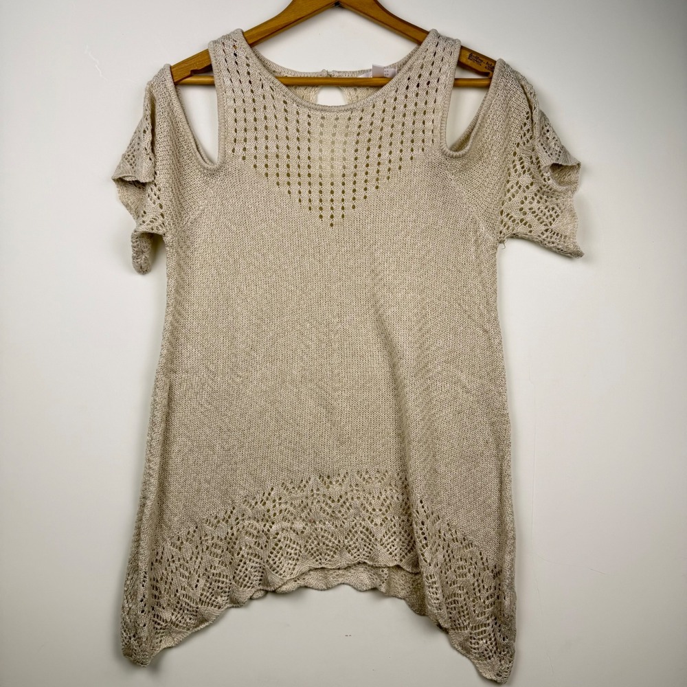 LC Lauren Conrad Cold Shoulder Pointelle Knit Top Beige Sharkbite Hem Large